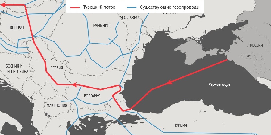 Схема южного потока газопровода на карте